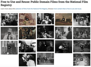 screenshot of Library of Congress webpage that highlights "Free to Use and Reuse: Public Domain Films from the National Film Registry"
