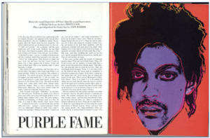 Vanity Fair magazine spread of article "Purple Fame" and reproduction of a Warhol painting of Prince with a purple face