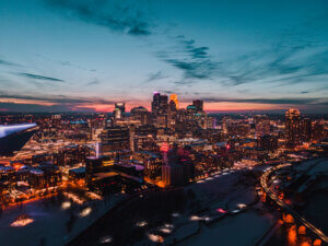photo of Minneapolis skyline at sunset