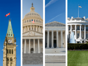 photo collage of Canada's Parliament, US Capitol, US Supreme Court, and White House