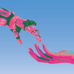 graphic of a robot hand and a human hand about to touch fingers in imitation of Michelangelo's "Creation of Adam"